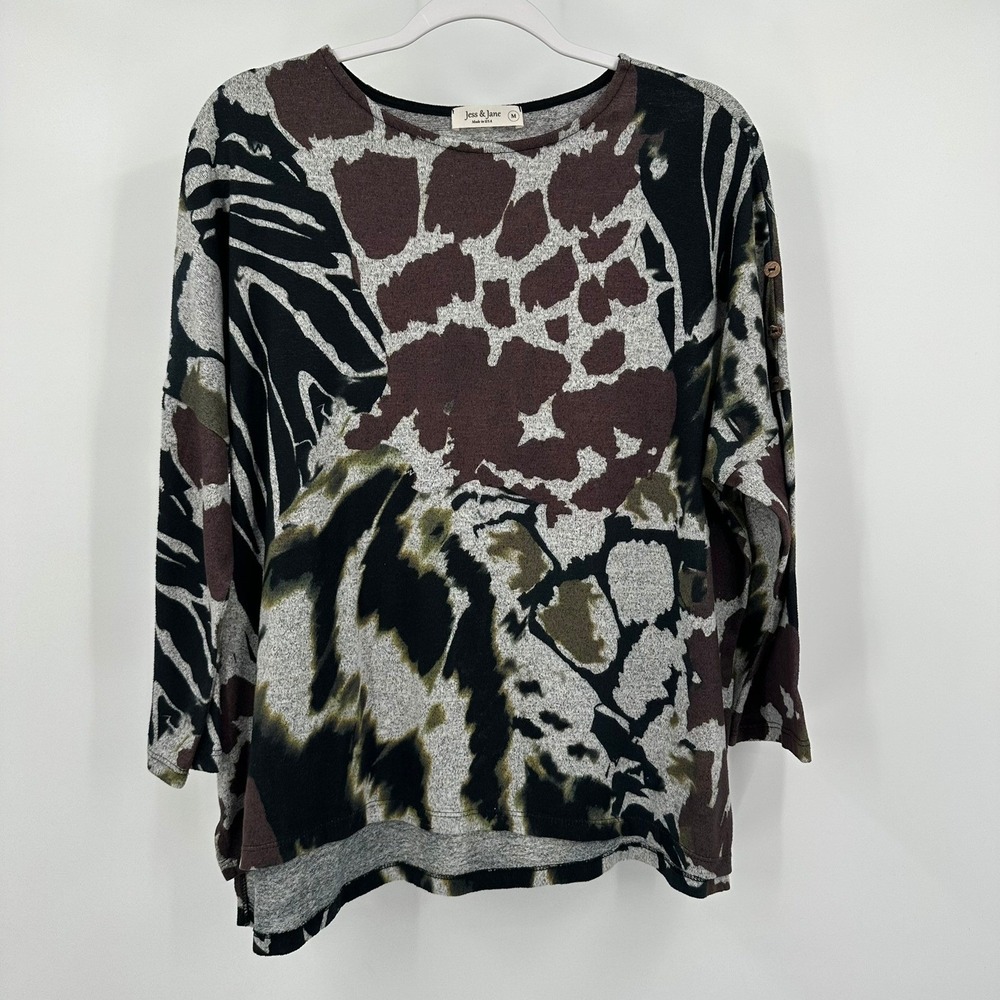 Jess & Jane Womens Boho Animal Print Top Size M Oversized Eclectic Mixed Media